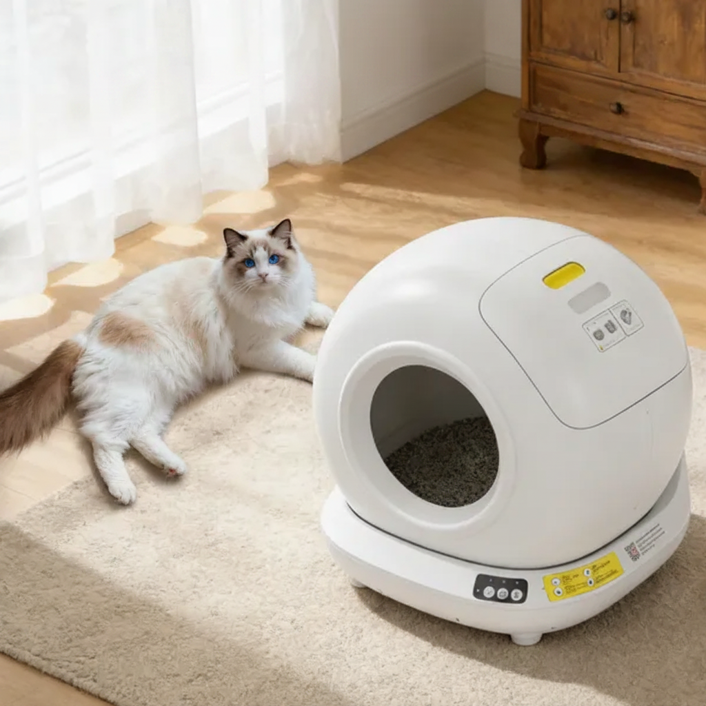 White cat sitting beside a dome-shaped self-cleaning litter box with digital control panel